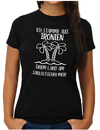 OM3® Ich stamme aus Ironien einem Land am sarkastischen Meer T-Shirt | Damen | Lustiger Spruch Fun | L, Schwarz von OM3