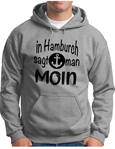 OM3® In Hamburch SAGT Man Moin Hoodie - Herren - Slogan Spruch Anker Meer - Kapuzen-Pullover Grau Meliert, 3XL von OM3