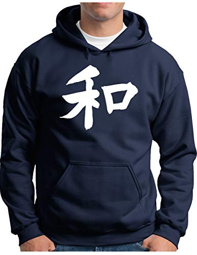 OM3® Japanese Hieroglyph Peace Hoodie | Herren | Japan Symbol Schriftzug Frieden | Kapuzen-Pullover Navy, L von OM3