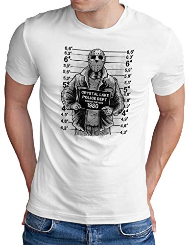 OM3® Jason Police T-Shirt | Herren | Mug Shot Horror Movie Halloween | Weiß, 3XL von OM3