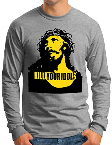 OM3® Kill Your Idols Langarm Shirt - Herren - 90s Jesus Hard Rock Punk Grunge Music Band - Grau Meliert, L von OM3