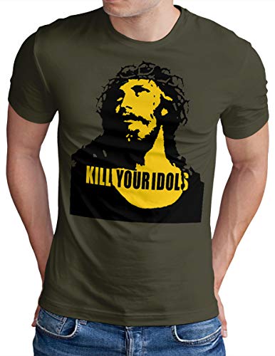 OM3® Kill Your Idols T-Shirt | Herren | 90s Jesus Hard Rock Punk Grunge Music Band | Oliv, L von OM3