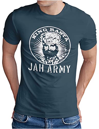 OM3® King Rasta T-Shirt | Herren | Jah Army Roots Reggae Dancehall Ragga Irie Dub Music Dope Ganja | Denim, 4XL von OM3