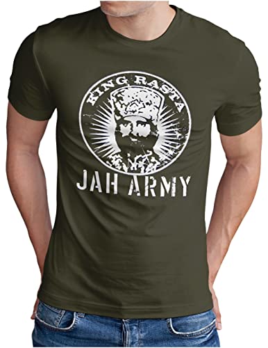 OM3® King Rasta T-Shirt | Herren | Jah Army Roots Reggae Dancehall Ragga Irie Dub Music Dope Ganja | Oliv, XXL von OM3