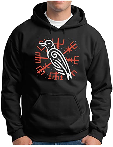 OM3® Krähe Wikinger Hoodie | Herren | Hugin Munin Odin's Raven Midgard Vegvisir Rabe | Kapuzen-Pullover Schwarz, 4XL von OM3