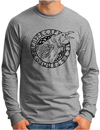OM3® Krähe Wikinger Langarm Shirt - Herren - Hugin Munin Odin's Raven Midgard Runen Rabe - Grau Meliert, S von OM3