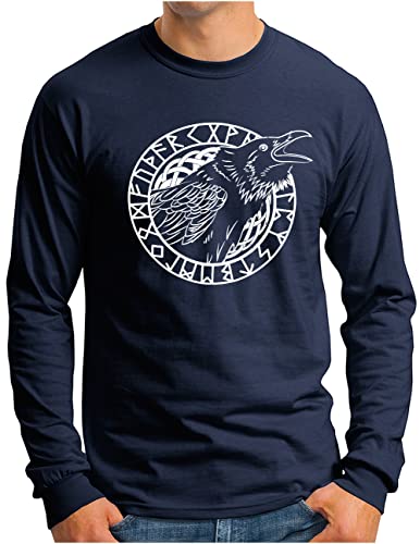 OM3® Krähe Wikinger Langarm Shirt | Herren | Hugin Munin Odin's Raven Midgard Runen Rabe | Navy, L von OM3