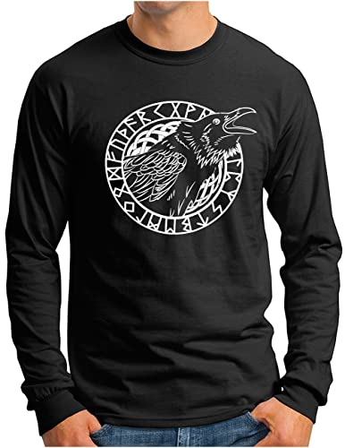 OM3® Krähe Wikinger Langarm Shirt | Herren | Hugin Munin Odin's Raven Midgard Runen Rabe | Schwarz, L von OM3