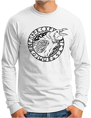 OM3® Krähe Wikinger Langarm Shirt - Herren - Hugin Munin Odin's Raven Midgard Runen Rabe - Weiß, S von OM3