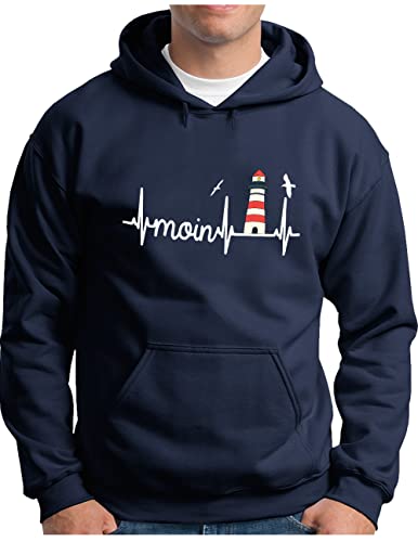 OM3® Küsten Herzschlag Moin mit Leuchtturm Hoodie | Herren | Slogan Lighthouse Meer Statement | Kapuzen-Pullover Navy, M von OM3