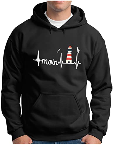 OM3® Küsten Herzschlag Moin mit Leuchtturm Hoodie | Herren | Slogan Lighthouse Meer Statement | Kapuzen-Pullover Schwarz, XL von OM3