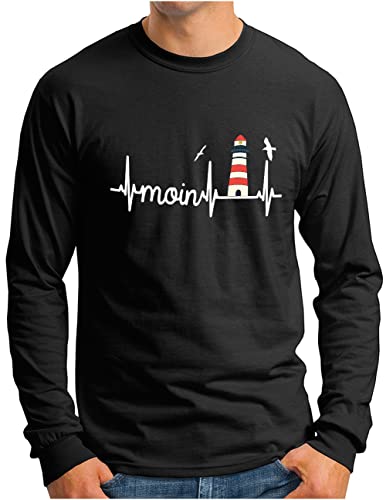 OM3® Küsten Herzschlag Moin mit Leuchtturm Langarm Shirt | Herren | Slogan Lighthouse Meer Statement | Schwarz, 3XL von OM3