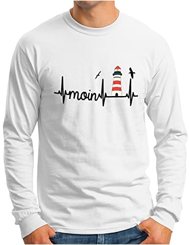 OM3® Küsten Herzschlag Moin mit Leuchtturm Langarm Shirt - Herren - Slogan Lighthouse Meer Statement - Weiß, L von OM3