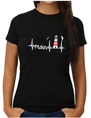 OM3® Küsten Herzschlag Moin mit Leuchtturm T-Shirt - Damen - Slogan Lighthouse Meer Statement - M, Schwarz von OM3