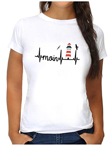 OM3® Küsten Herzschlag Moin mit Leuchtturm T-Shirt - Damen - Slogan Lighthouse Meer Statement - XL, Weiß von OM3