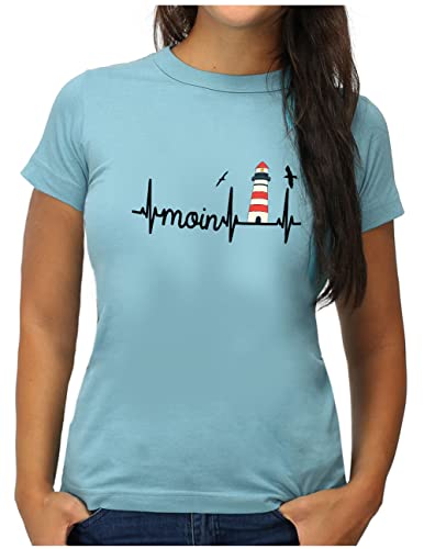 OM3® Küsten Herzschlag Moin mit Leuchtturm T-Shirt - Damen - Slogan Lighthouse Meer Statement - M, Hellblau von OM3