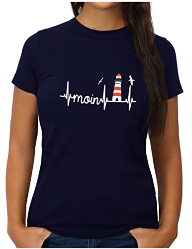 OM3® Küsten Herzschlag Moin mit Leuchtturm T-Shirt | Damen | Slogan Lighthouse Meer Statement | S, Navy von OM3