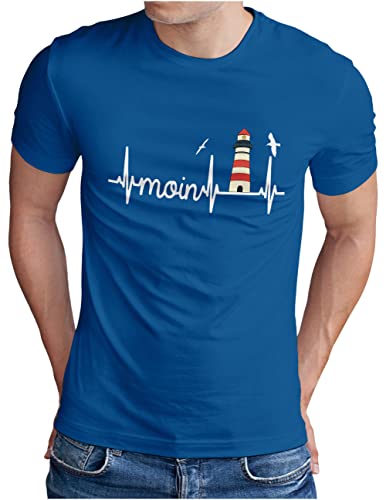 OM3® Küsten Herzschlag Moin mit Leuchtturm T-Shirt | Herren | Slogan Lighthouse Meer Statement | Royal Blau-WS, XXL von OM3