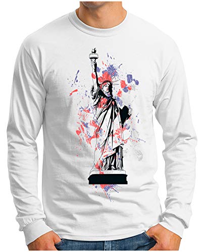 OM3® - Lady-Liberty-Arts - Langarm T-Shirt | Herren | New York Aquarell Style Printshirt | Weiß, XL von OM3