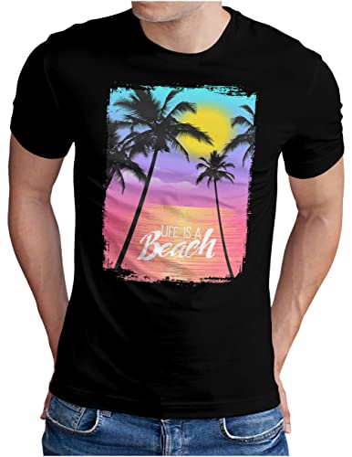 OM3® Life is a Beach T-Shirt - Herren - Retro Summer Sunset Palm Tree Surfer Vintage - Schwarz, 4XL von OM3