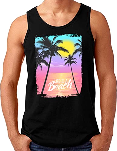 OM3® Life is a Beach Tank Top Shirt | Herren | Retro Summer Sunset Palm Tree Surfer Vintage | Schwarz, 4XL von OM3