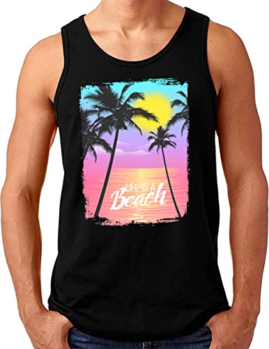 OM3® Life is a Beach Tank Top Shirt - Herren - Retro Summer Sunset Palm Tree Surfer Vintage - Schwarz, 4XL von OM3