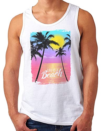 OM3® Life is a Beach Tank Top Shirt | Herren | Retro Summer Sunset Palm Tree Surfer Vintage | Weiß, S von OM3