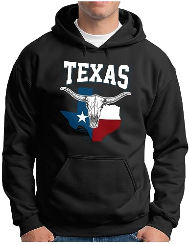 OM3® Longhorn Skull Texas Hoodie | Herren | USA Vintage State Flag Vereinigte Staaten III | Kapuzen-Pullover Schwarz, L von OM3