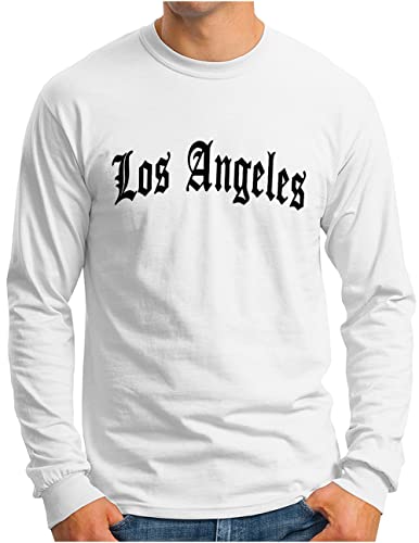 OM3® Los Angeles Langarm Shirt - Herren - Kalifornien California L.A. Old English Letters Skript - Weiß, M von OM3