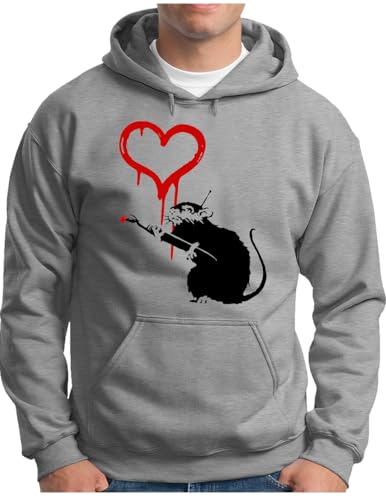 OM3® Love Heart Rat Banksy Hoodie | Herren | Stencil Graffiti Style Street Ratte | Kapuzen-Pullover Grau Meliert, 3XL von OM3