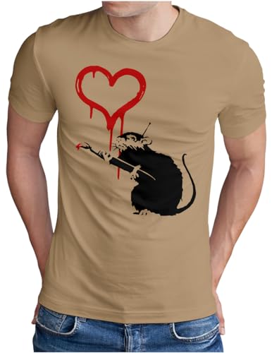 OM3® Love Heart Rat Banksy T-Shirt | Herren | Stencil Graffiti Style Street Ratte | Khaki, M von OM3