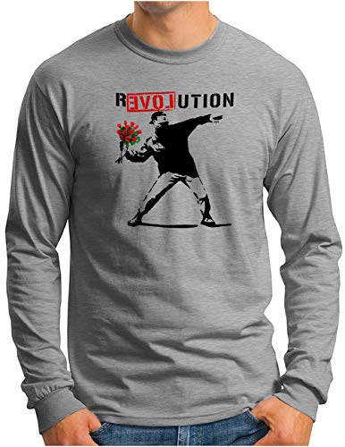 OM3® Love Stencil Banksy Langarm Shirt - Herren - R-Love-UTION Urban Street Art Revolution - Grau Meliert, M von OM3