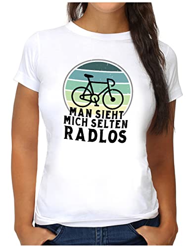 OM3® Lustiges Fahrrad T-Shirt mit Spruch | Damen | Man Sieht Mich selten Radlos Biking Radfahrer | M, Weiß von OM3