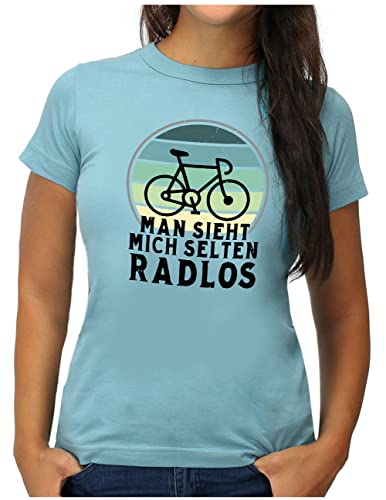 OM3® Lustiges Fahrrad T-Shirt mit Spruch | Damen | Man Sieht Mich selten Radlos Biking Radfahrer | XL, Hellblau von OM3