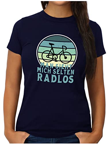 OM3® Lustiges Fahrrad T-Shirt mit Spruch | Damen | Man Sieht Mich selten Radlos Biking Radfahrer | XL, Navy von OM3