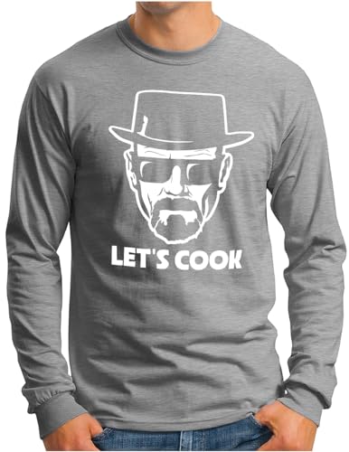 OM3® MR White Lets Cook Langarm Shirt - Herren - Statement Parodie Kult TV Serie - Grau Meliert, M von OM3