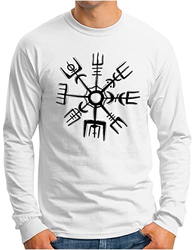 OM3® Magic Compass Vegvisir Langarm Shirt - Herren - Vikings Wikinger Symbol Nordic Warrior - Weiß, L von OM3