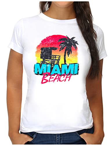 OM3® Miami Beach T-Shirt | Damen | South Beach Florida Ocean Drive Vintage Style USA | M, Weiß von OM3