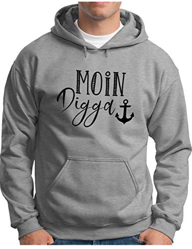 OM3® Moin Digga Hoodie | Herren | Anker See Meer Segeln Spruch Statement Friesland | Kapuzen|Pullover Grau Meliert, XL von OM3