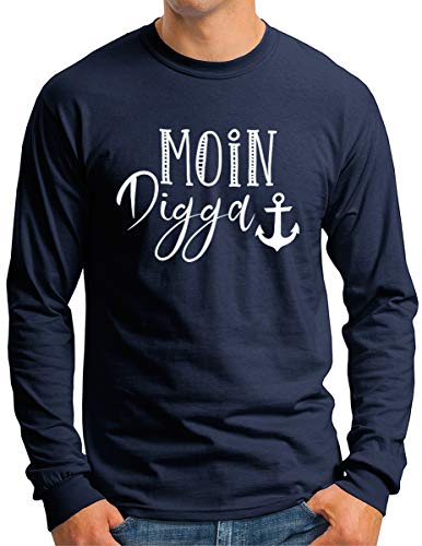 OM3® Moin Digga Langarm Shirt | Herren | Anker See Meer Segeln Spruch Statement Friesland | Navy, XL von OM3