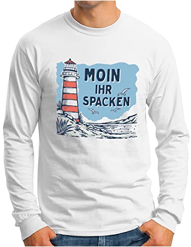 OM3® Moin Ihr Spacken Langarm Shirt mit Spruch | Herren | Leuchtturm Norddeutschland Slogan Meer Küste | Weiß, L von OM3