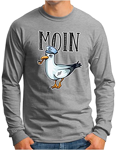 OM3® Moin Seemöwe Langarm Shirt mit Spruch | Herren | Slogan Meer Küste Statement Norden Möwe | Grau Meliert, XXL von OM3