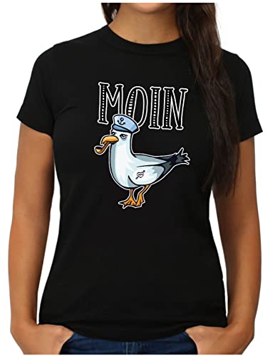 OM3® Moin Seemöwe T-Shirt mit Spruch | Damen | Slogan Meer Küste Statement Norden Möwe | L, Schwarz von OM3
