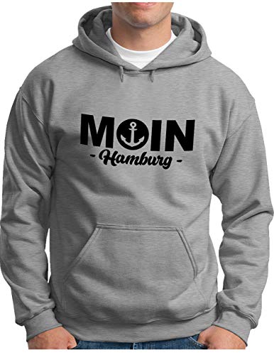 OM3® Moin mit Anker Hamburg Hoodie - Herren - Slogan Spruch Küste Statement - Kapuzen-Pullover Grau Meliert, L von OM3