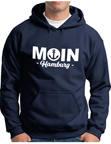 OM3® Moin mit Anker Hamburg Hoodie - Herren - Slogan Spruch Küste Statement - Kapuzen-Pullover Navy, L von OM3