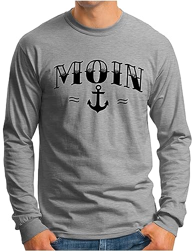 OM3® Moin mit Anker Langarm Shirt | Herren | Spruch Slogan Nautical Norddeutsch Statement Plattdeutsch Norden | Grau Meliert, XXL von OM3