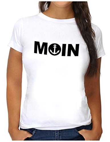 OM3® Moin mit Anker T-Shirt | Damen | Slogan Meer Spruch Küste Statement Norden | M, Weiß von OM3