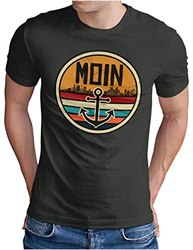 OM3® Moin mit Anker T-Shirt - Herren - Slogan Spruch Küste Meer Hafen Norden Badge Logo - Dark Grey, 3XL von OM3