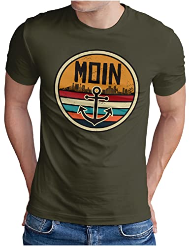 OM3® Moin mit Anker T-Shirt | Herren | Slogan Spruch Küste Meer Hafen Norden Badge Logo | Oliv, XL von OM3
