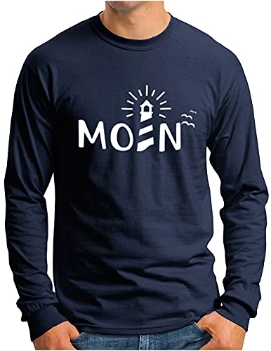 OM3® Moin mit Leuchtturm Langarm Shirt - Herren - Slogan Spruch Küste Lighthouse Statement - Navy, M von OM3